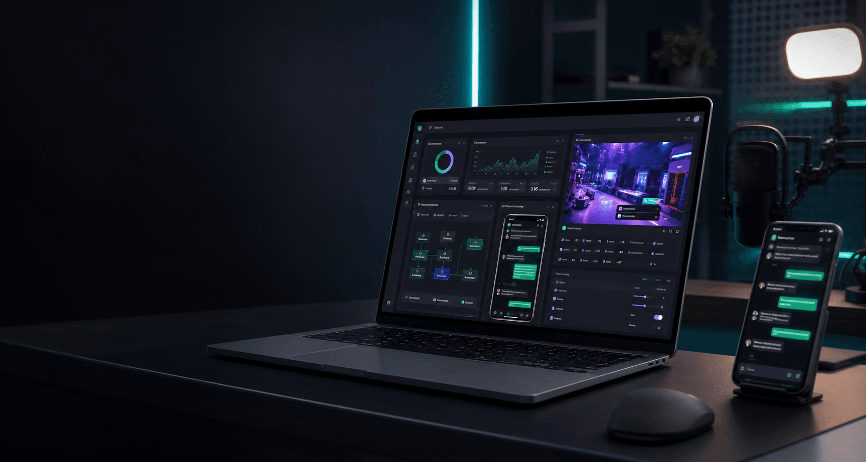 Workspace digital dengan dashboard aplikasi, WhatsApp automation, dan overlay live